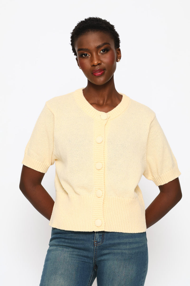 Puff Sleeve Button Through Knitwear Top - Custard