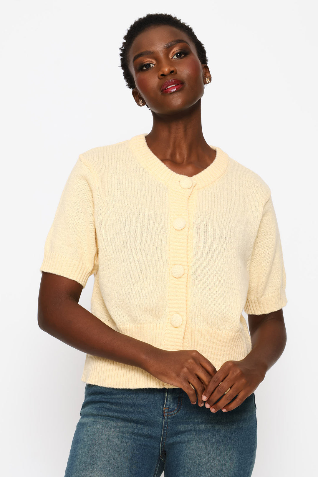 Puff Sleeve Button Through Knitwear Top - Custard