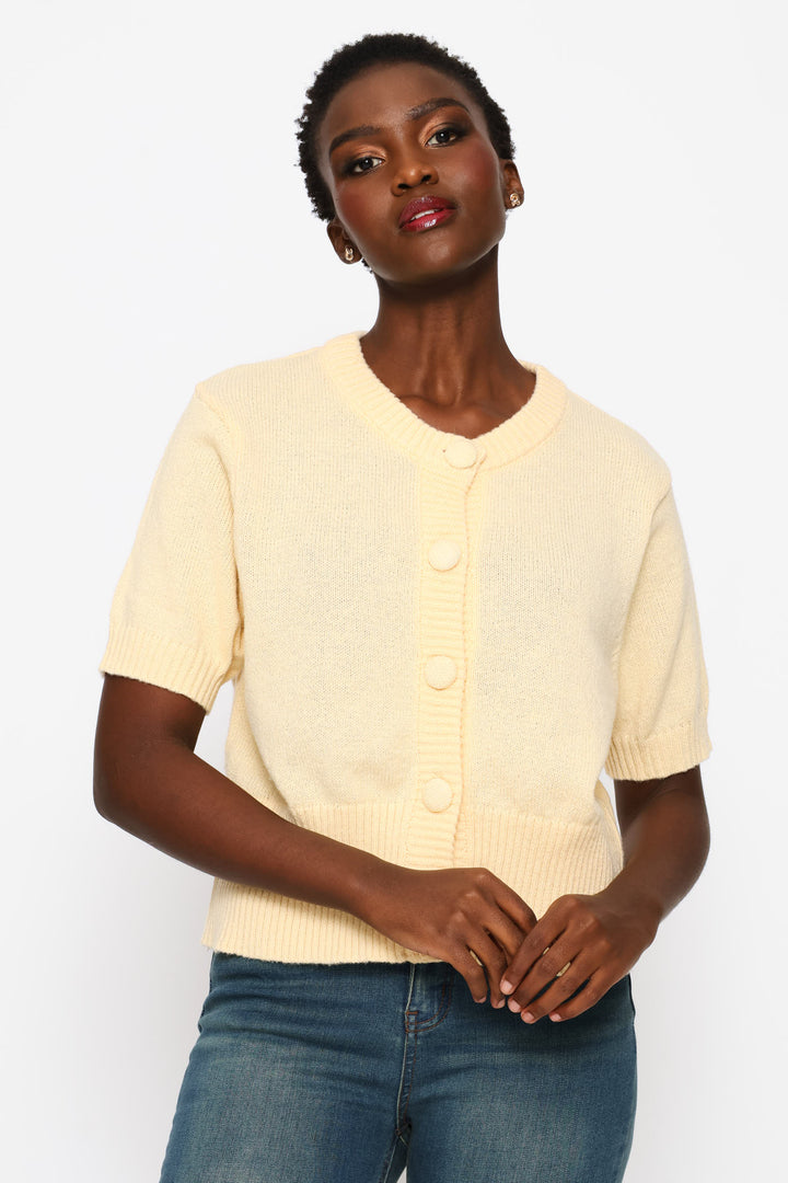 Puff Sleeve Button Through Knitwear Top - Custard