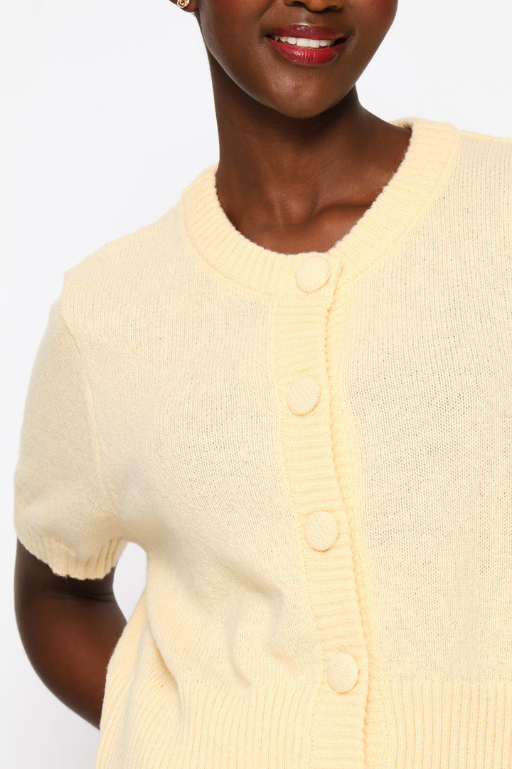 Puff Sleeve Button Through Knitwear Top - Custard