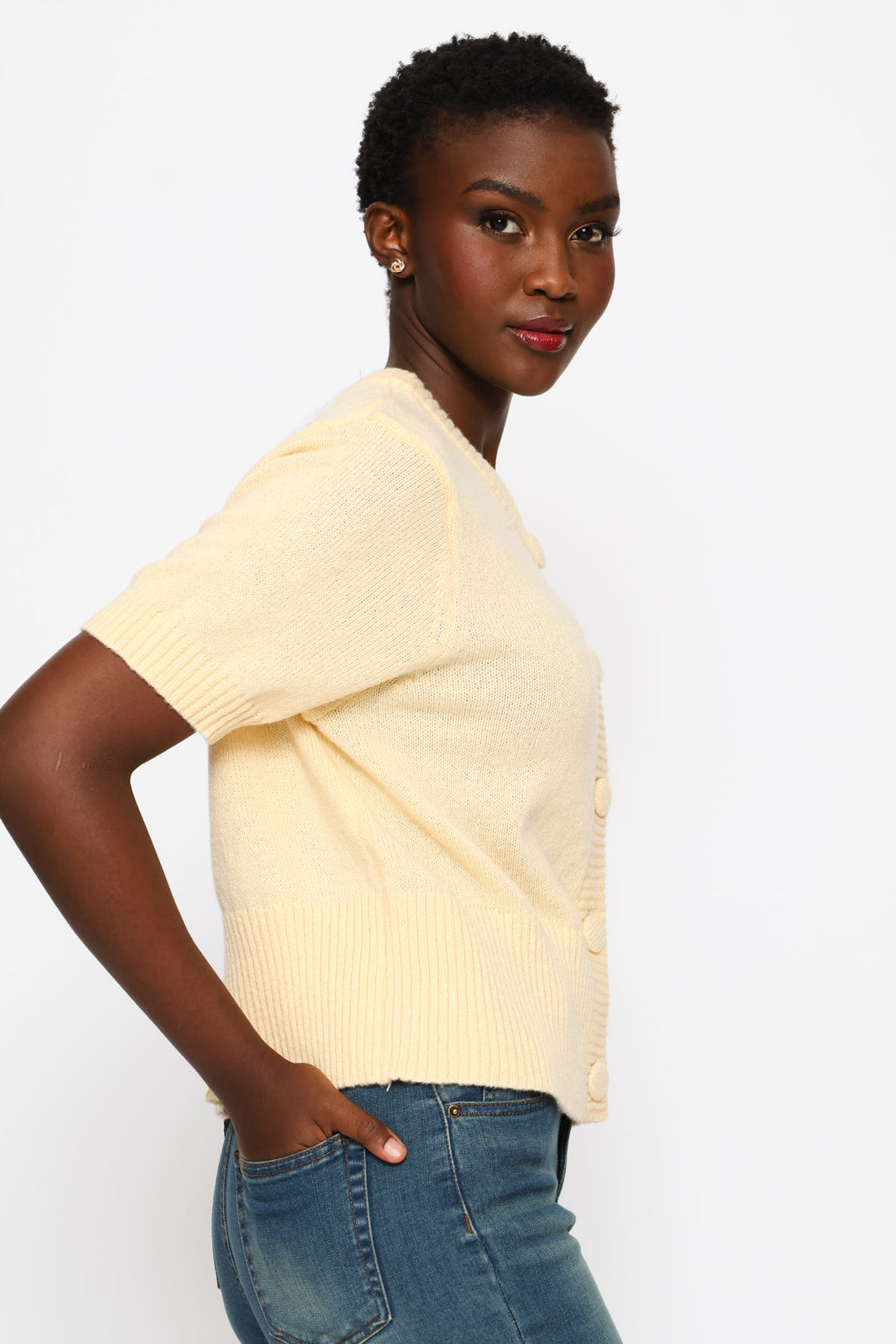 Puff Sleeve Button Through Knitwear Top - Custard
