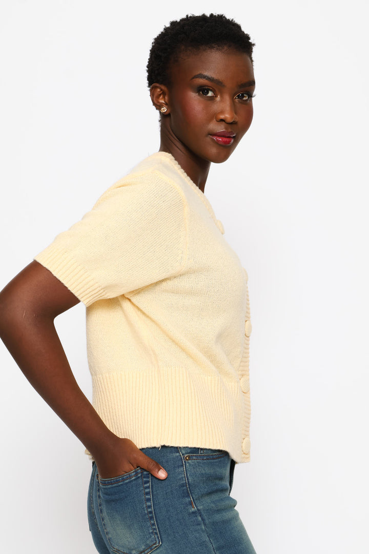 Puff Sleeve Button Through Knitwear Top - Custard
