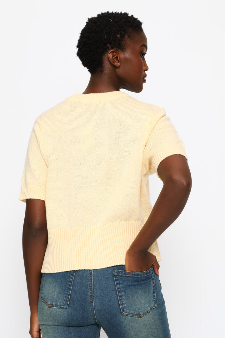 Puff Sleeve Button Through Knitwear Top - Custard