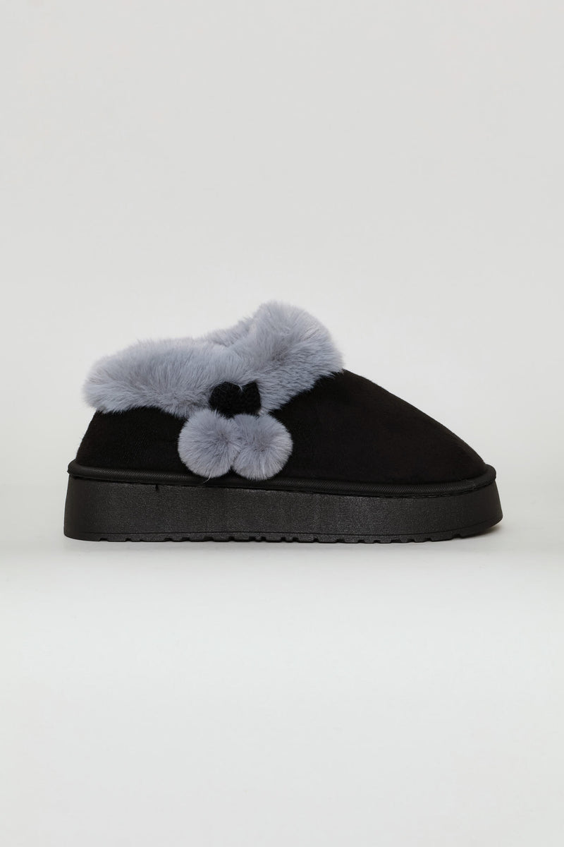 Side Bow & Pom Pom Snow Boot - Black