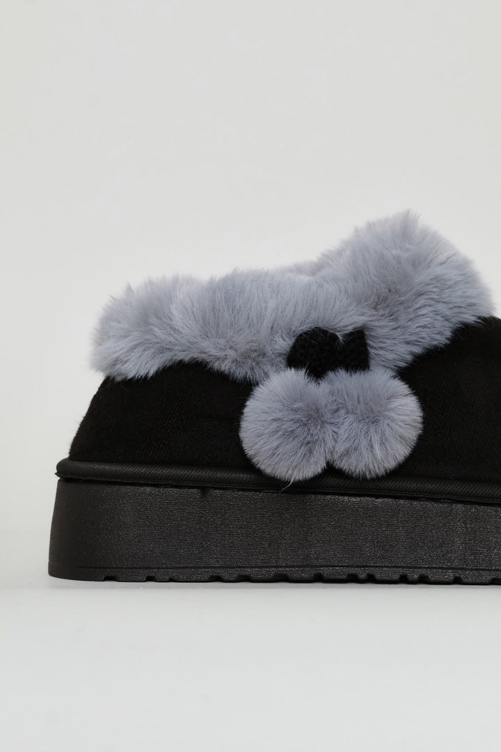 Side Bow & Pom Pom Snow Boot - Black