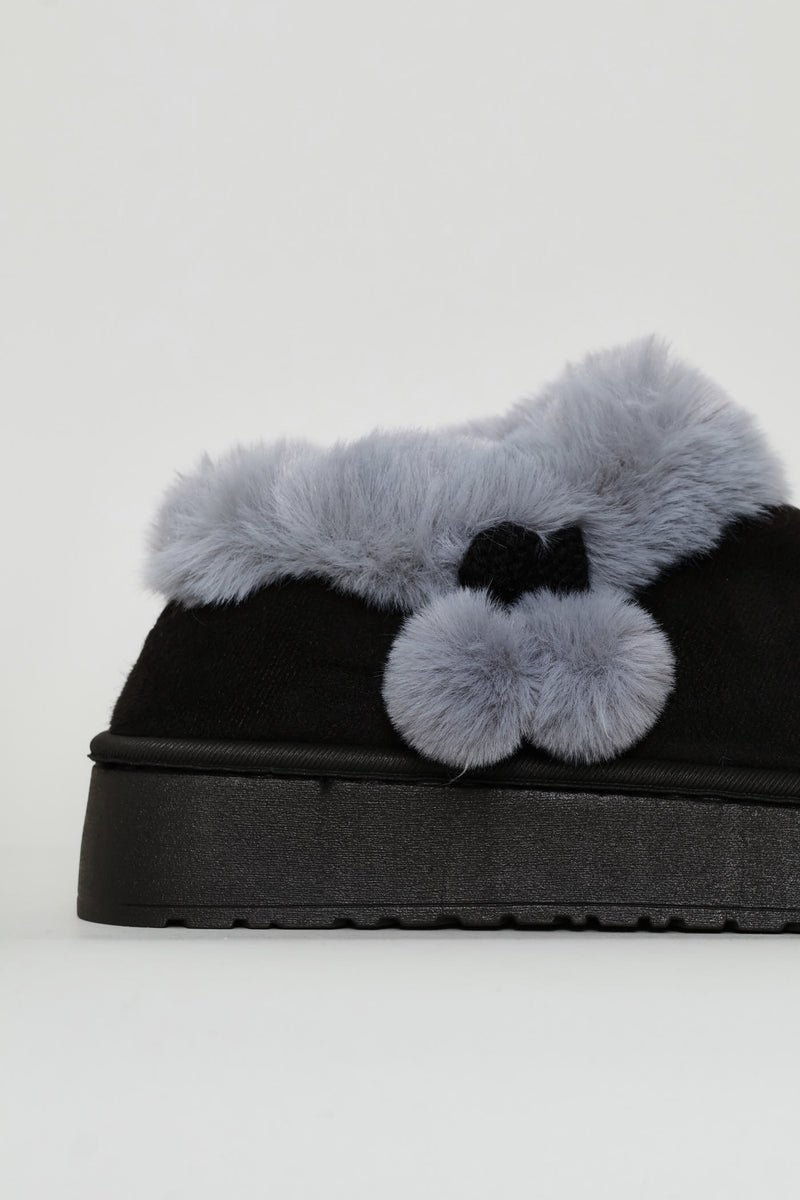 Side Bow & Pom Pom Snow Boot - Black