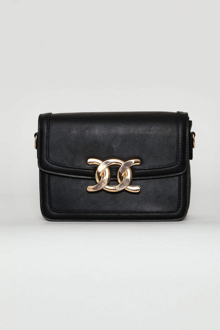Gold Clasp Satchel Bag - Black