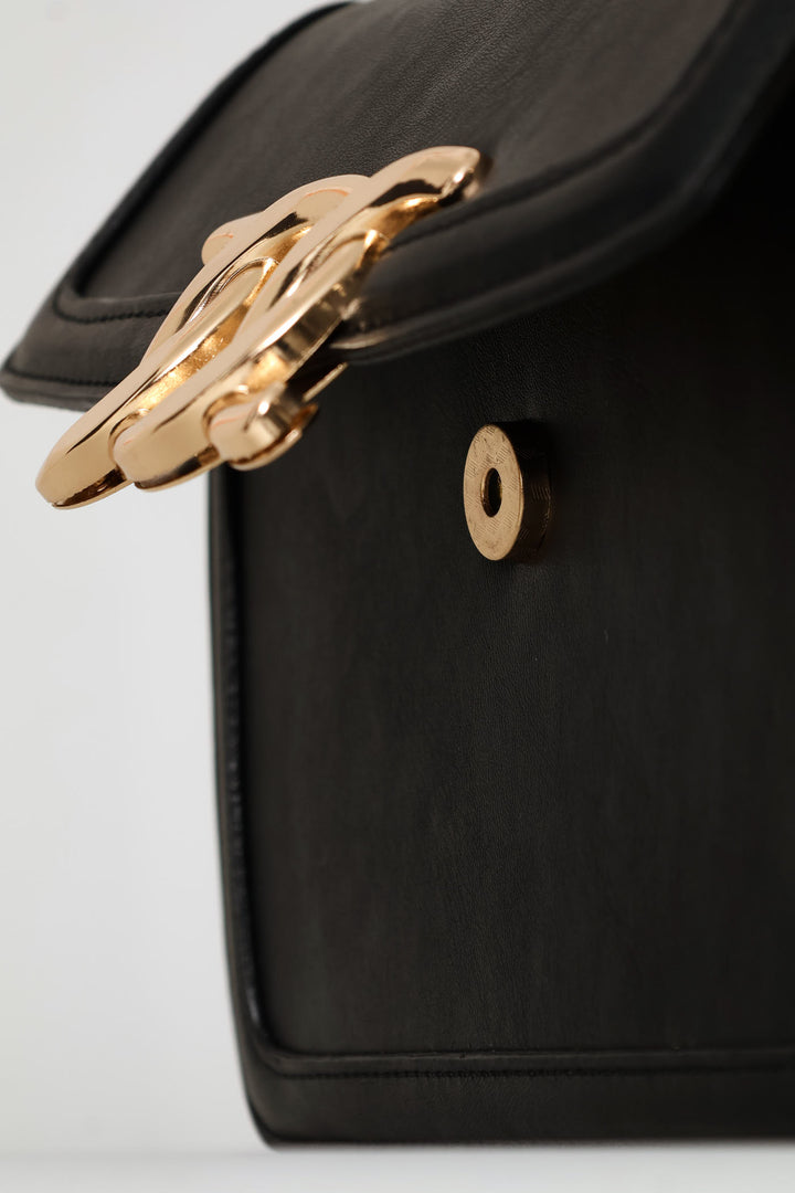 Gold Clasp Satchel Bag - Black