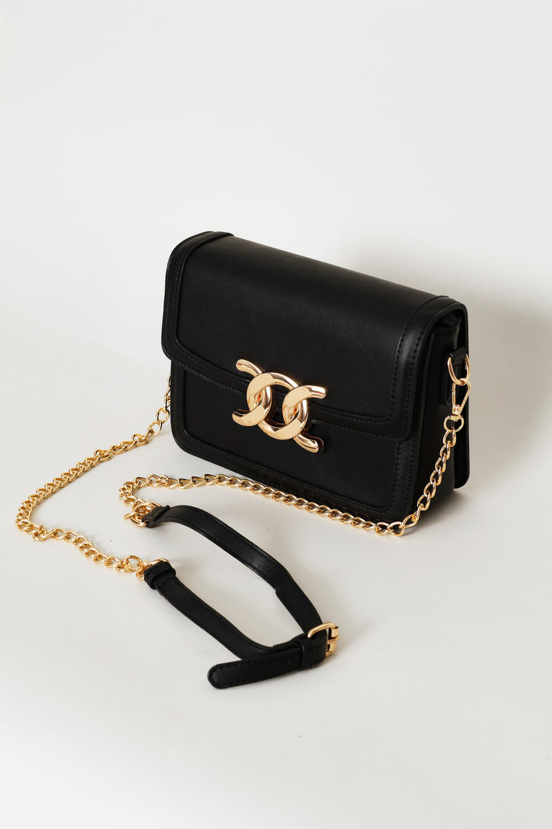 Gold Clasp Satchel Bag - Black