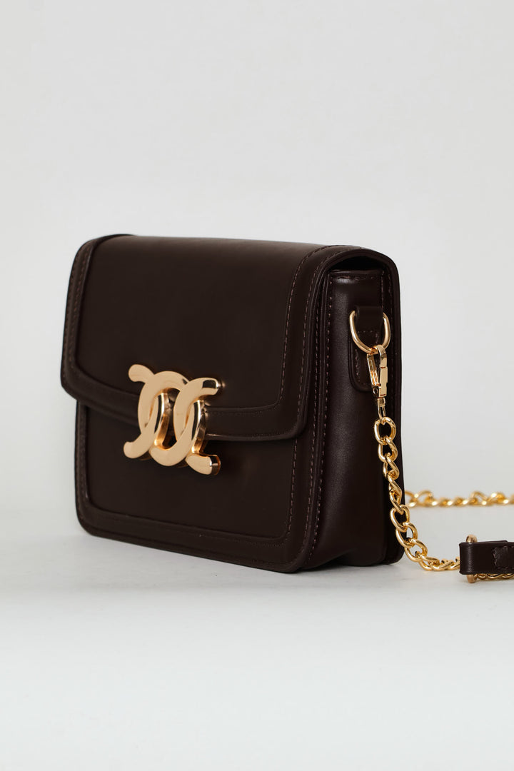 Gold Clasp Satchel Bag - Chocolate