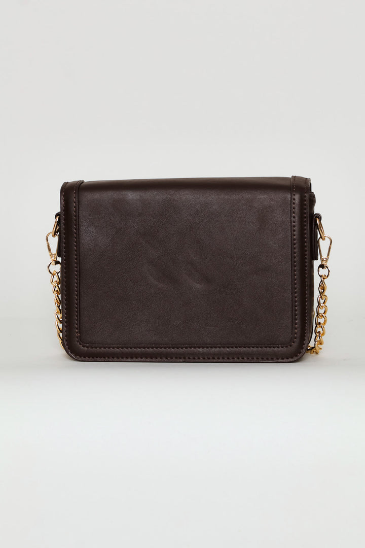 Gold Clasp Satchel Bag - Chocolate