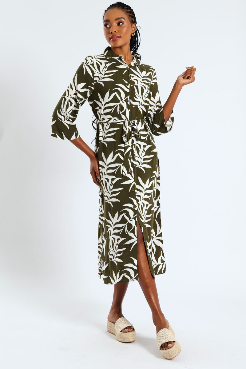 3/4 Sleeve Printed Belted Midaxi Shirt Dress - Fatigue/Cream