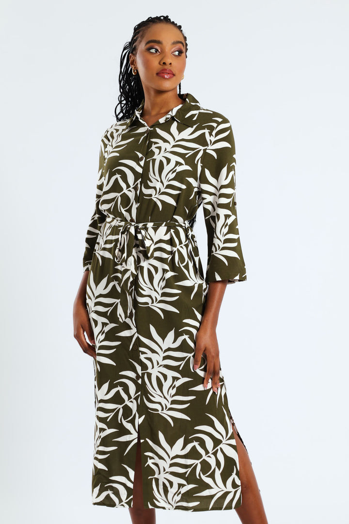 3/4 Sleeve Printed Belted Midaxi Shirt Dress - Fatigue/Cream