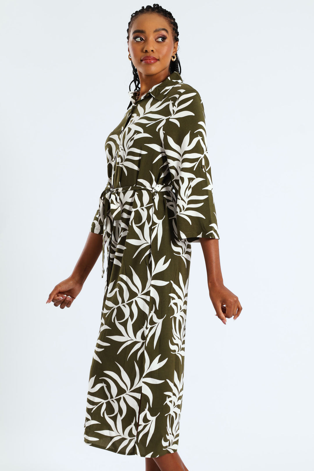 3/4 Sleeve Printed Belted Midaxi Shirt Dress - Fatigue/Cream