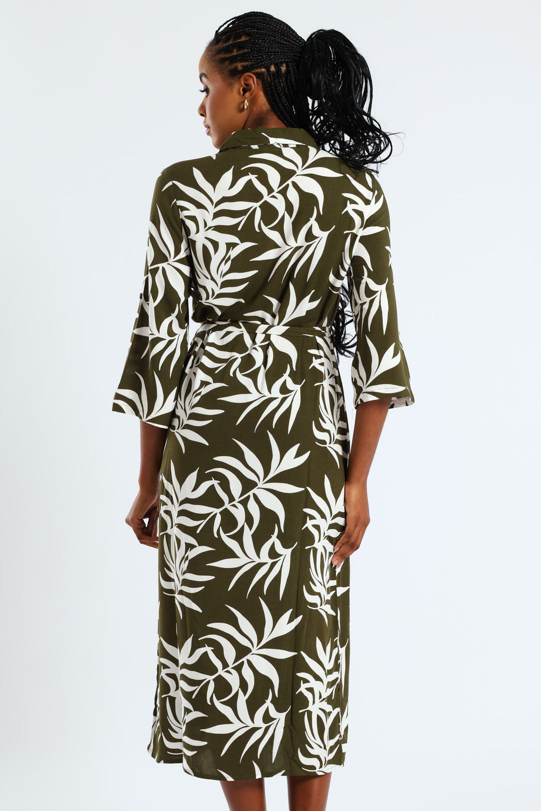 3/4 Sleeve Printed Belted Midaxi Shirt Dress - Fatigue/Cream
