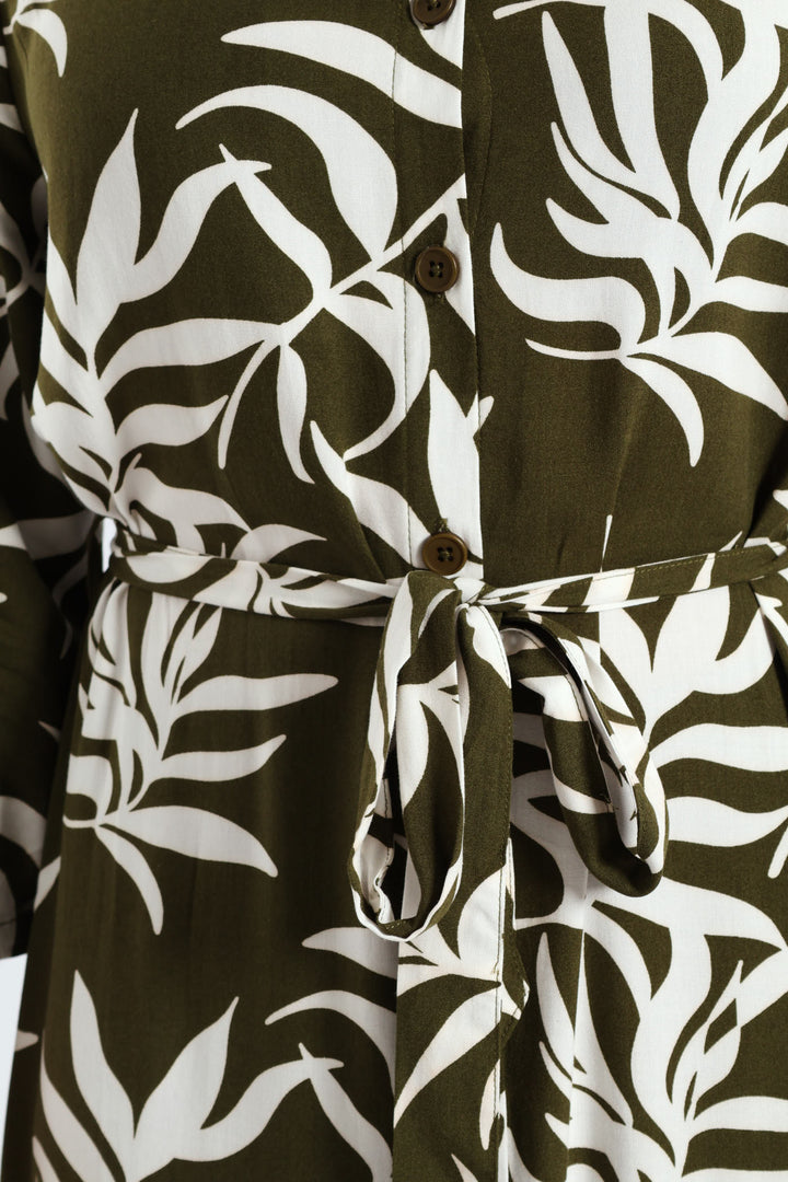 3/4 Sleeve Printed Belted Midaxi Shirt Dress - Fatigue/Cream