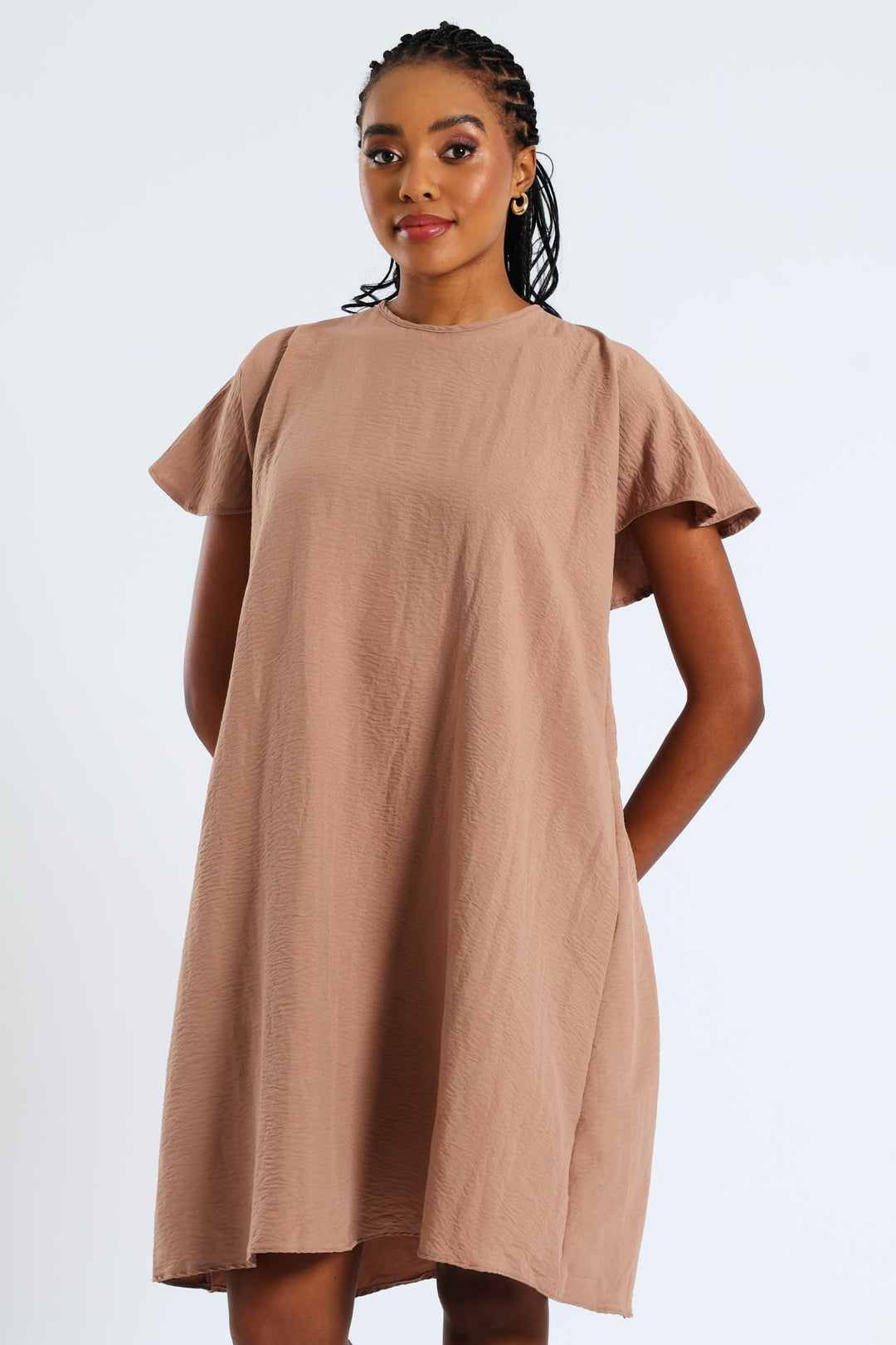 Tie-Back Frill Cape Swing Mini Dress - Taupe