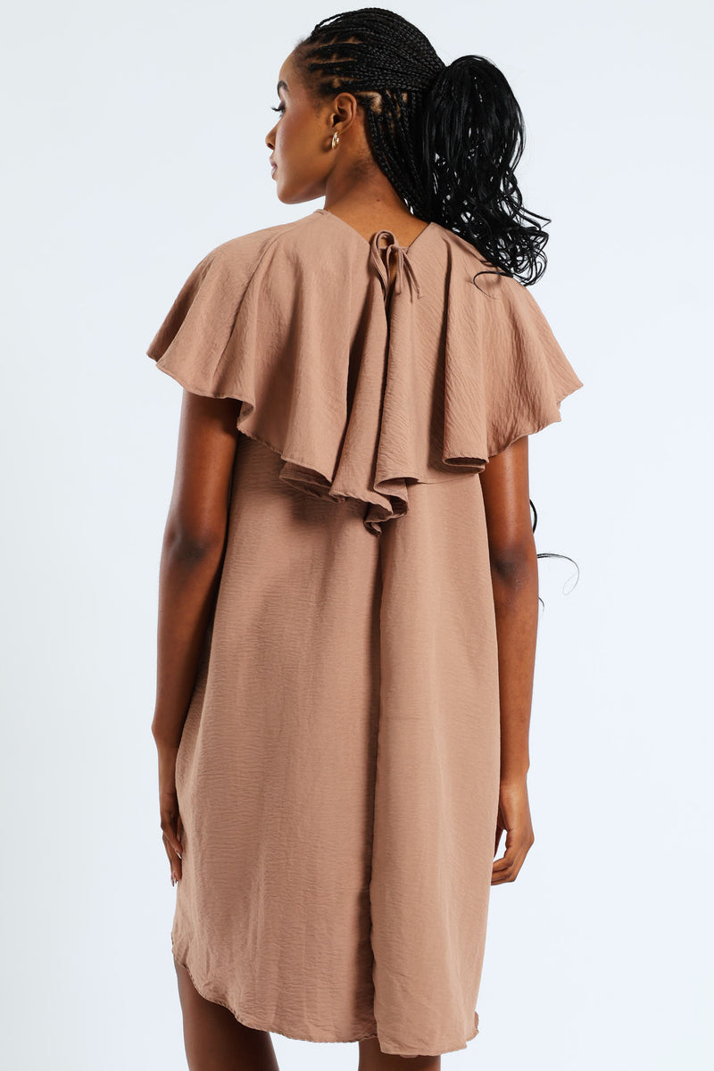 Tie-Back Frill Cape Swing Mini Dress - Taupe