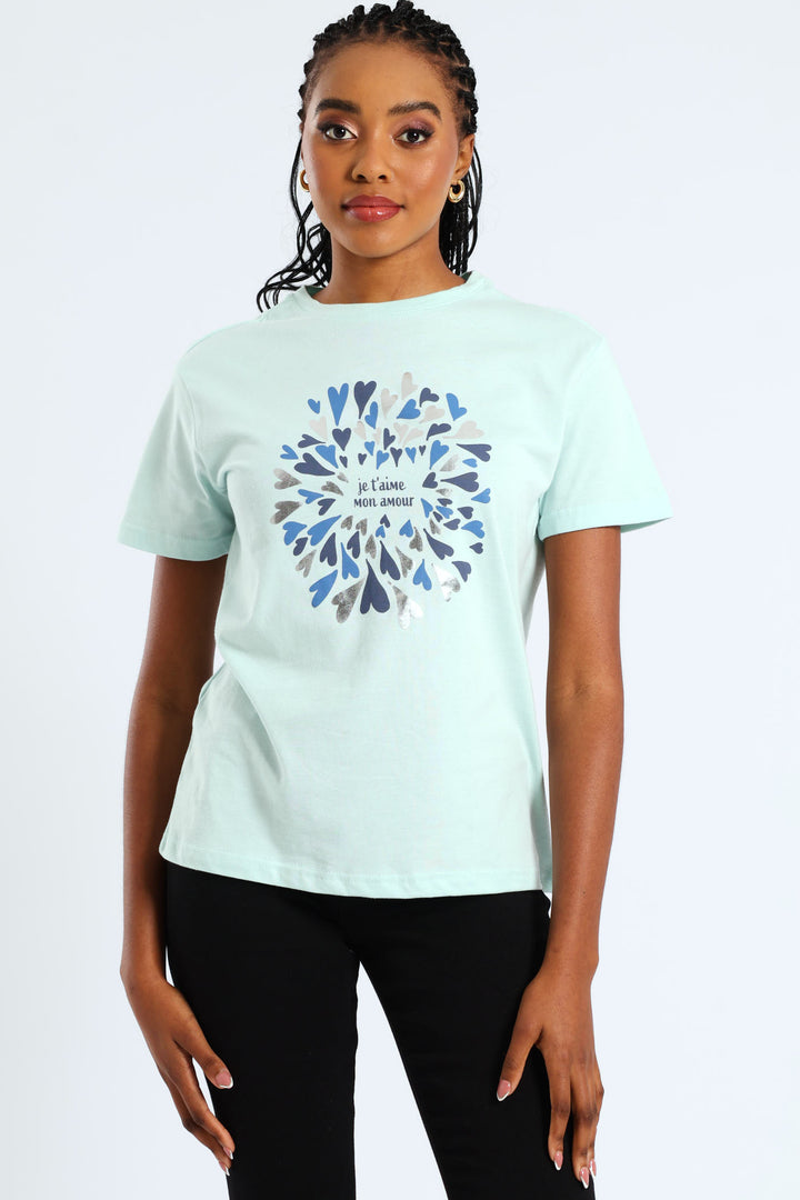 Romantic French Slogan Hearts Foil Tee - Light Blue