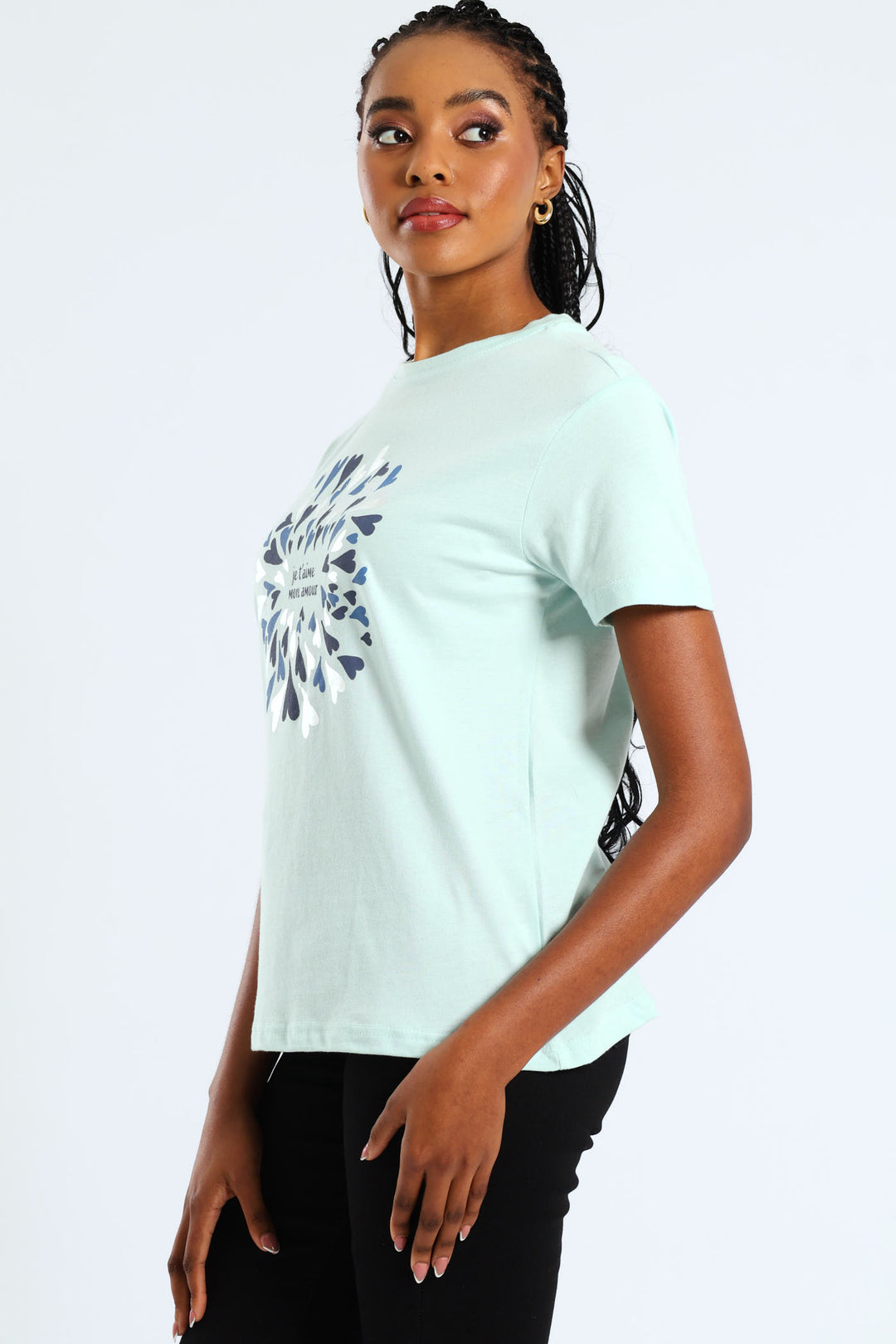 Romantic French Slogan Hearts Foil Tee - Light Blue