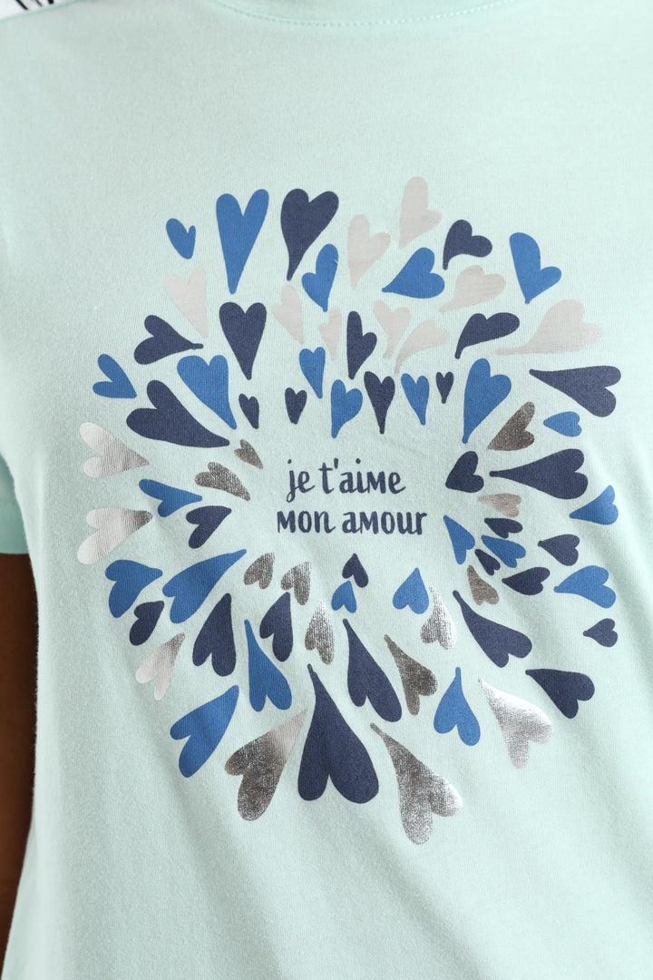 Romantic French Slogan Hearts Foil Tee - Light Blue
