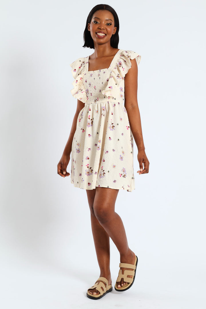 Postcard Frill Smock Mini Dress - Cream