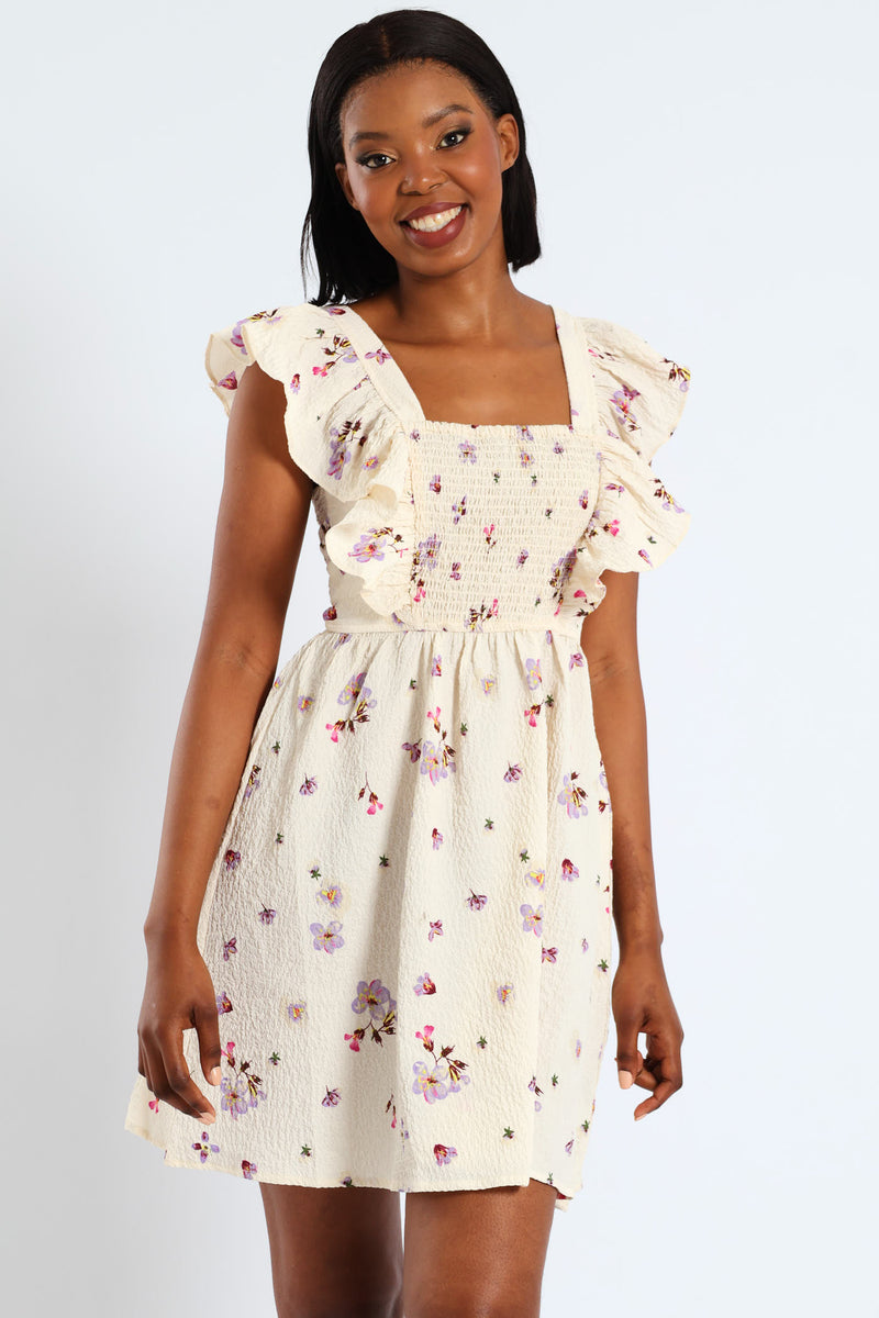 Postcard Frill Smock Mini Dress - Cream