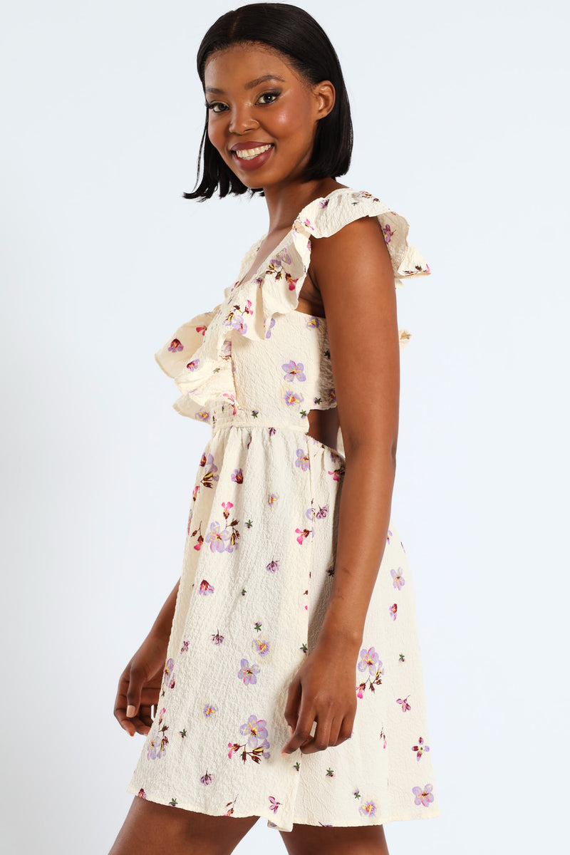 Postcard Frill Smock Mini Dress - Cream