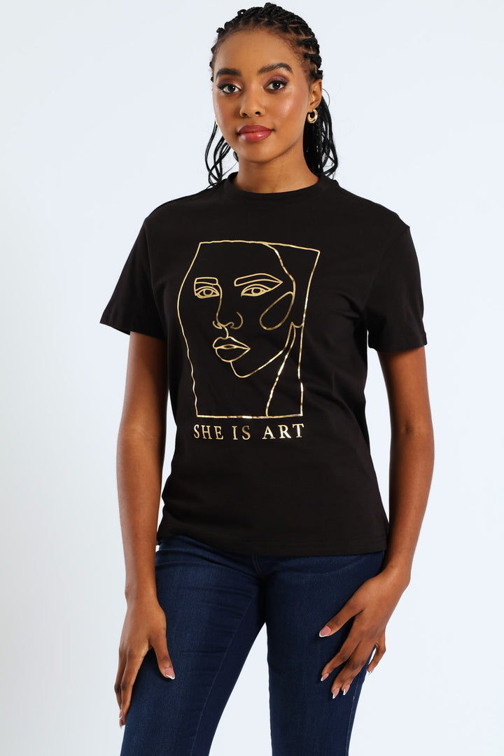 She Is Art Face Foil Tee - Black