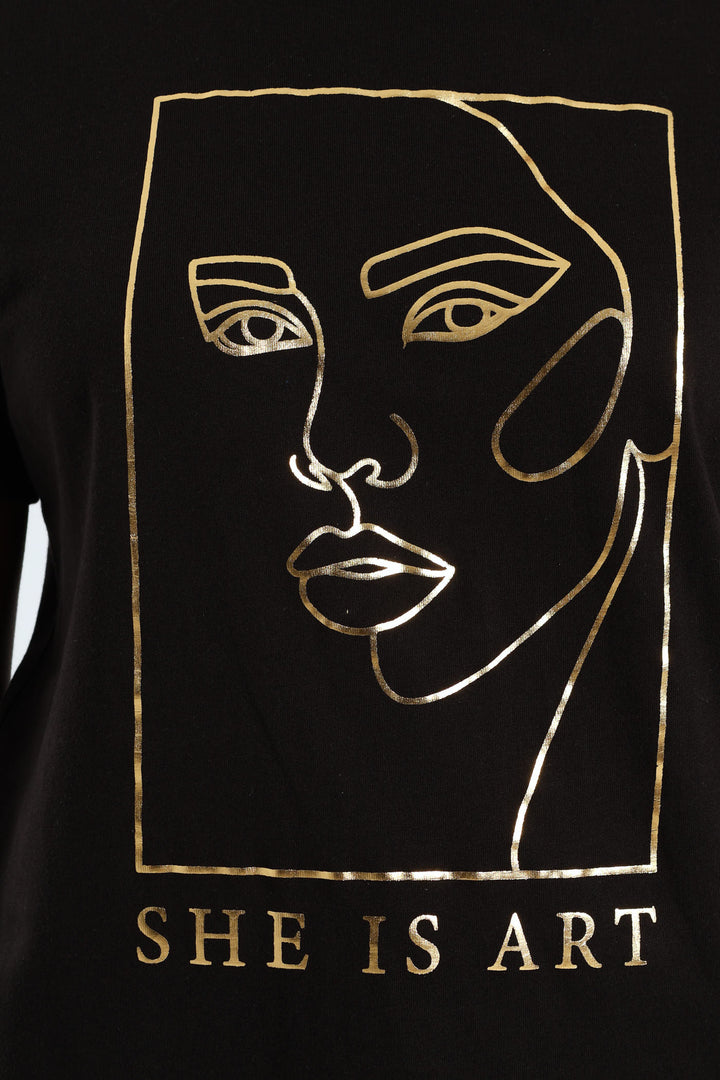 She Is Art Face Foil Tee - Black