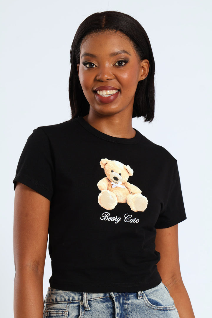 Teddy Bow Baby Tee - Black
