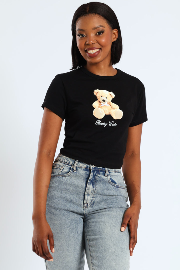 Teddy Bow Baby Tee - Black