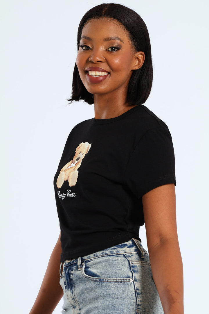 Teddy Bow Baby Tee - Black