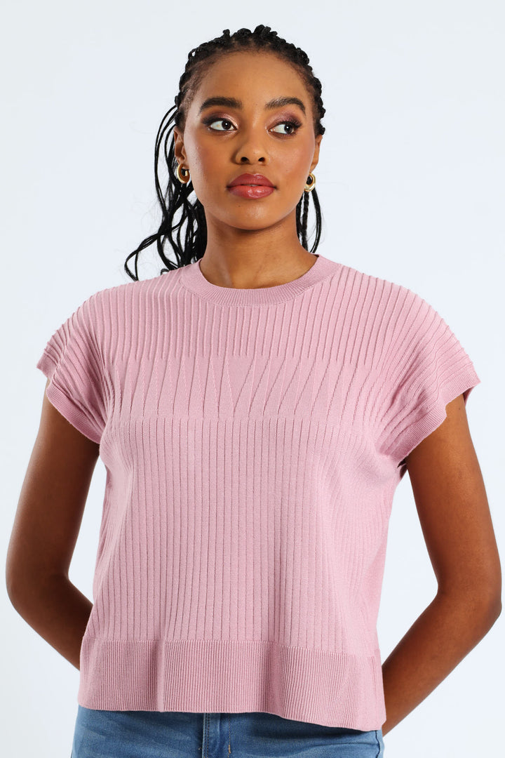 Zig-Zag Yoke Pointelle Grown On Sleeve Tee - Mauve