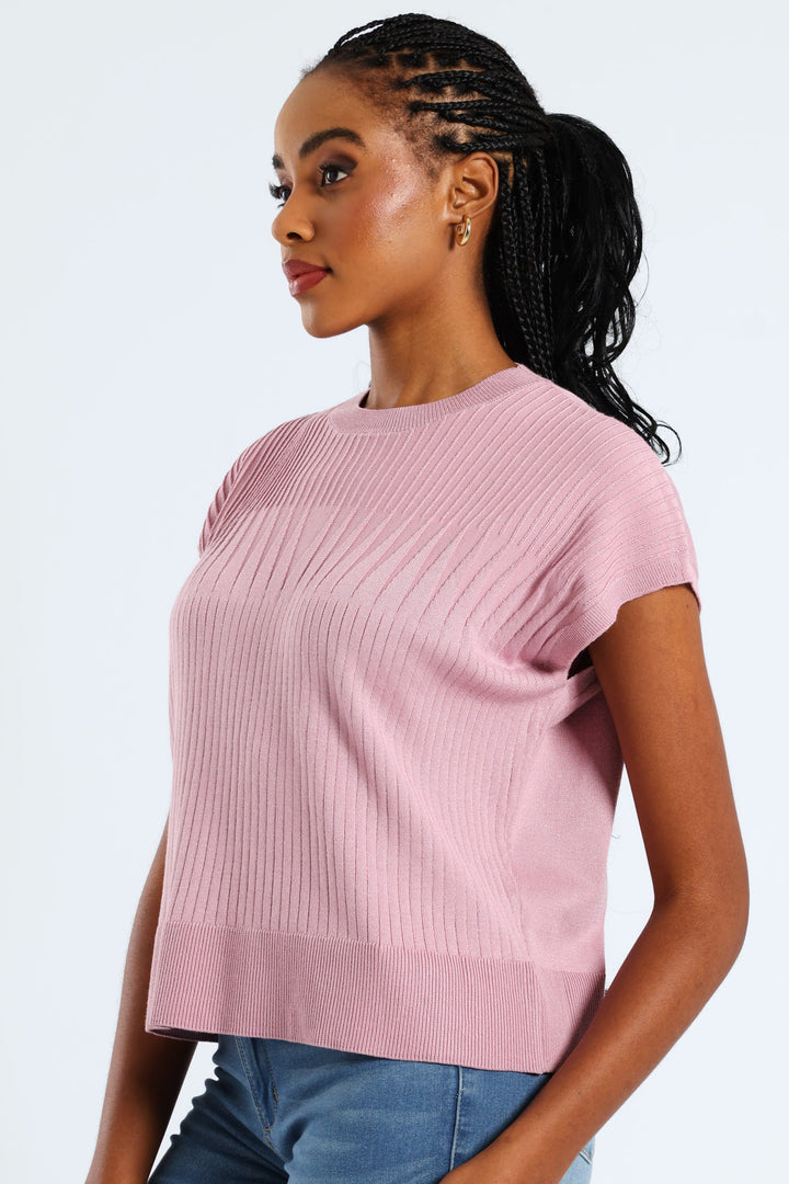 Zig-Zag Yoke Pointelle Grown On Sleeve Tee - Mauve