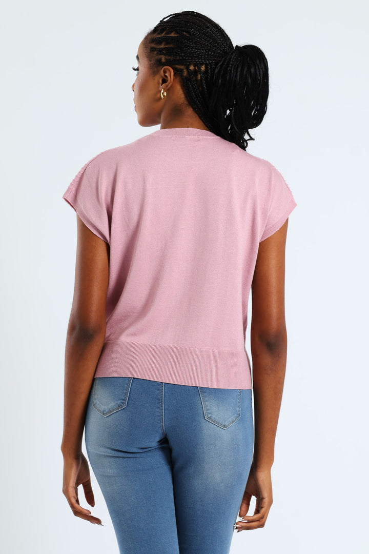 Zig-Zag Yoke Pointelle Grown On Sleeve Tee - Mauve