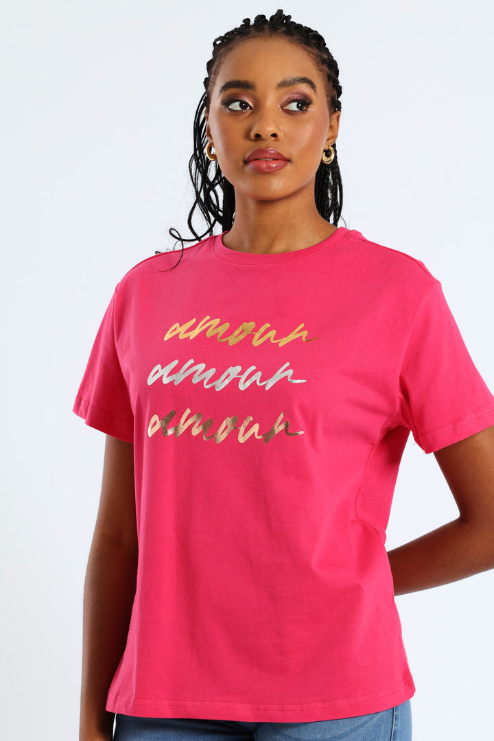 Amour Slogan Foil Tee - Magenta
