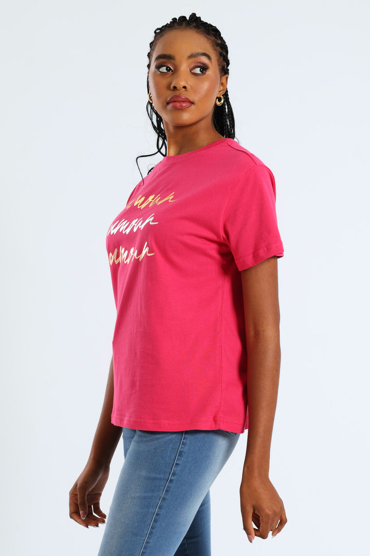 Amour Slogan Foil Tee - Magenta