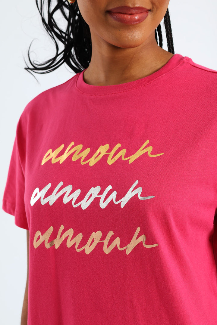Amour Slogan Foil Tee - Magenta