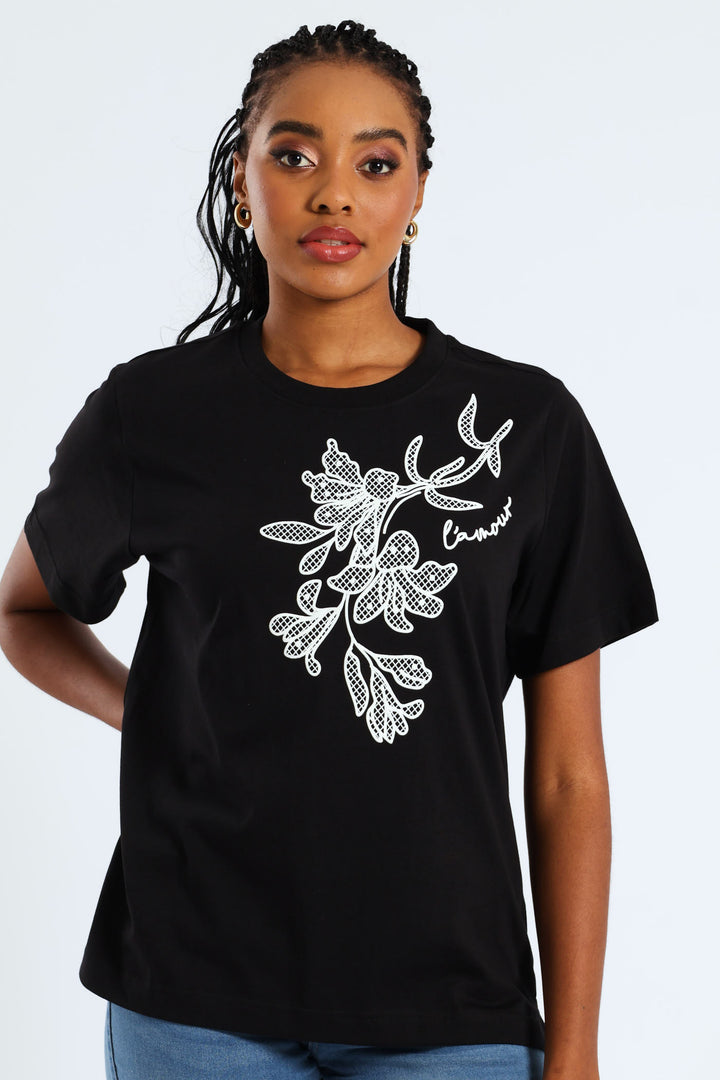 Rib Neck Boxy Puff Placement Floral Tee - Black