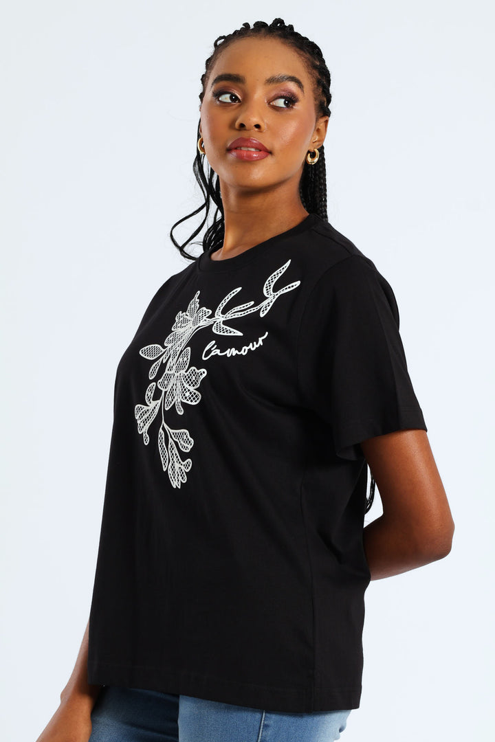 Rib Neck Boxy Puff Placement Floral Tee - Black