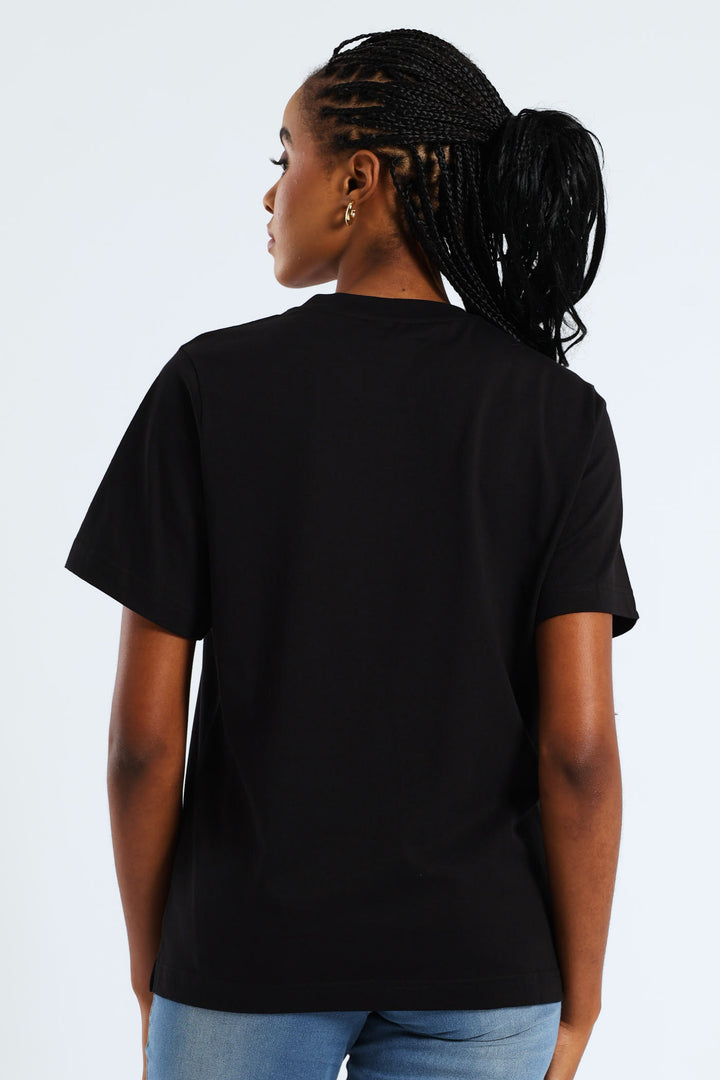 Rib Neck Boxy Puff Placement Floral Tee - Black