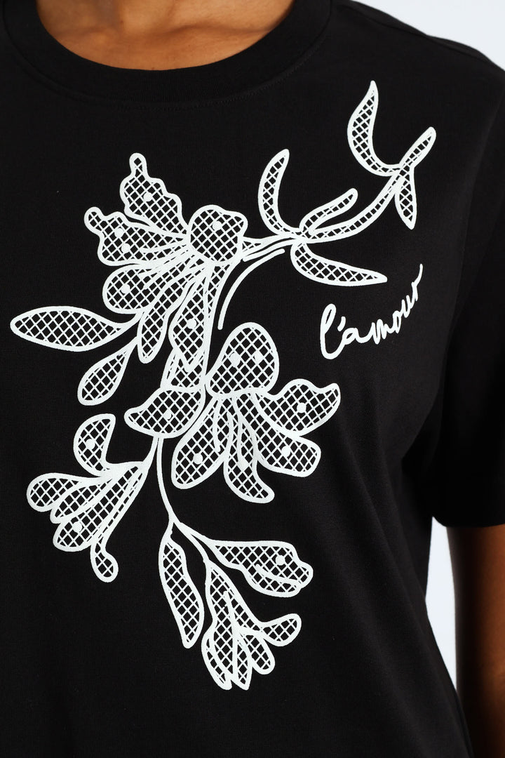 Rib Neck Boxy Puff Placement Floral Tee - Black