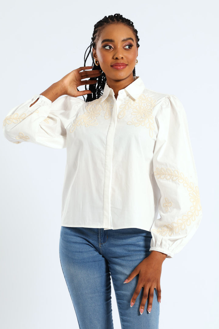 Puff Sleeve Cornelli Regular Shirt - White