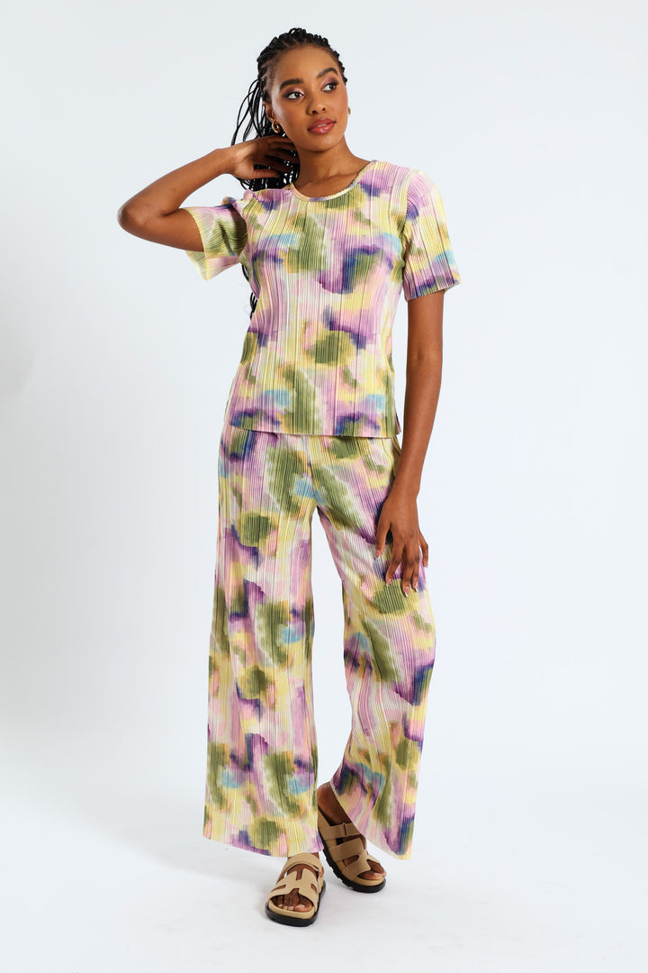 Pull-On Printed Plisse Wideleg Pants - Multi