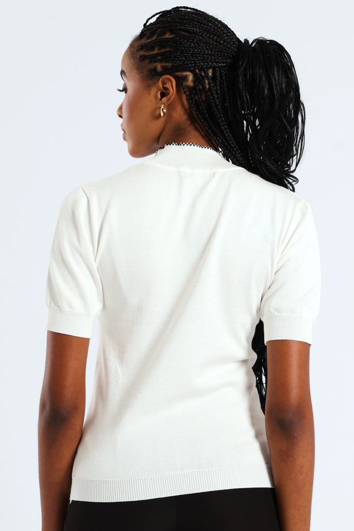 Kitty Bow Zig Zag Pullover Tee - Black/Cream