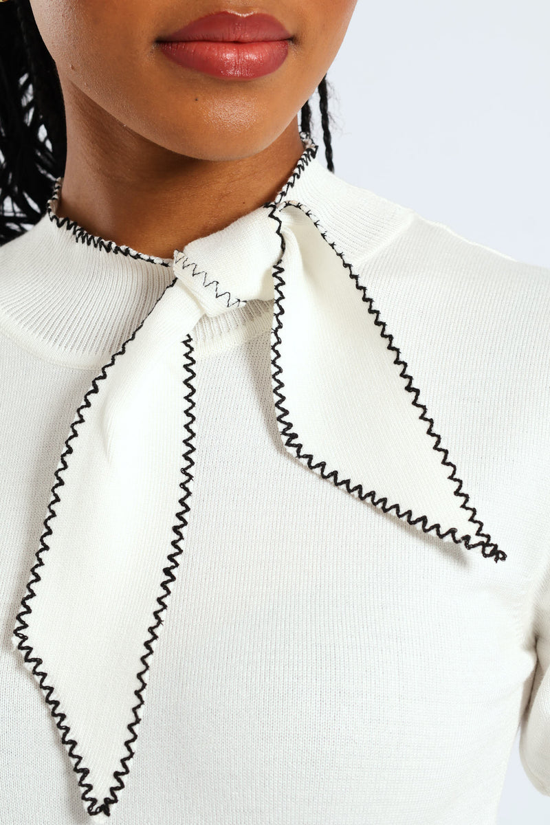 Kitty Bow Zig Zag Pullover Tee - Black/Cream