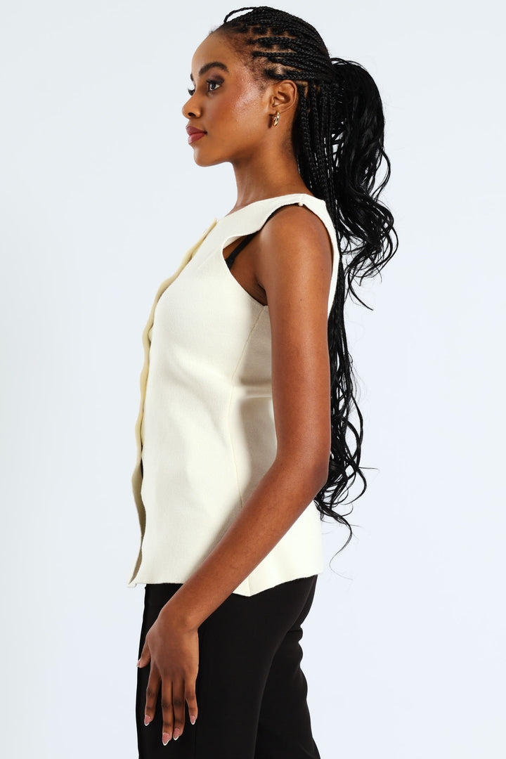 Notch Hem Knitwear Waistcoat - Cream