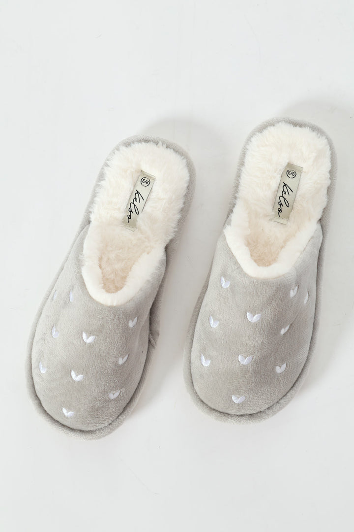 Embroidered Hearts Slipper - Light Grey