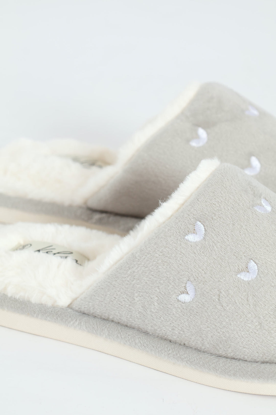 Embroidered Hearts Slipper - Light Grey